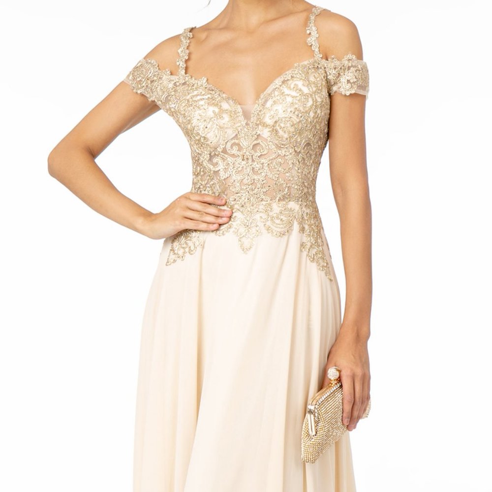Champagne Off Shoulder Sequined Bodice Dress L2998 - Picture 7 of 8